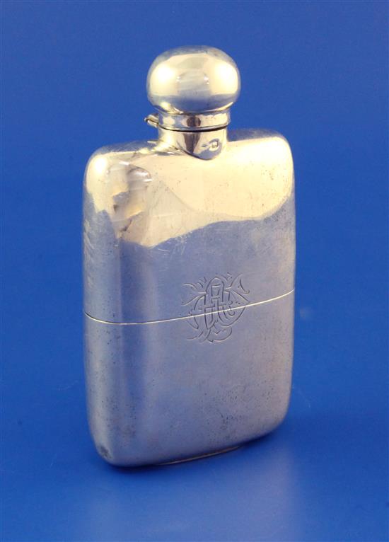 A late Victorian silver hip flask by Hubert Thornhill, 7.5 oz.